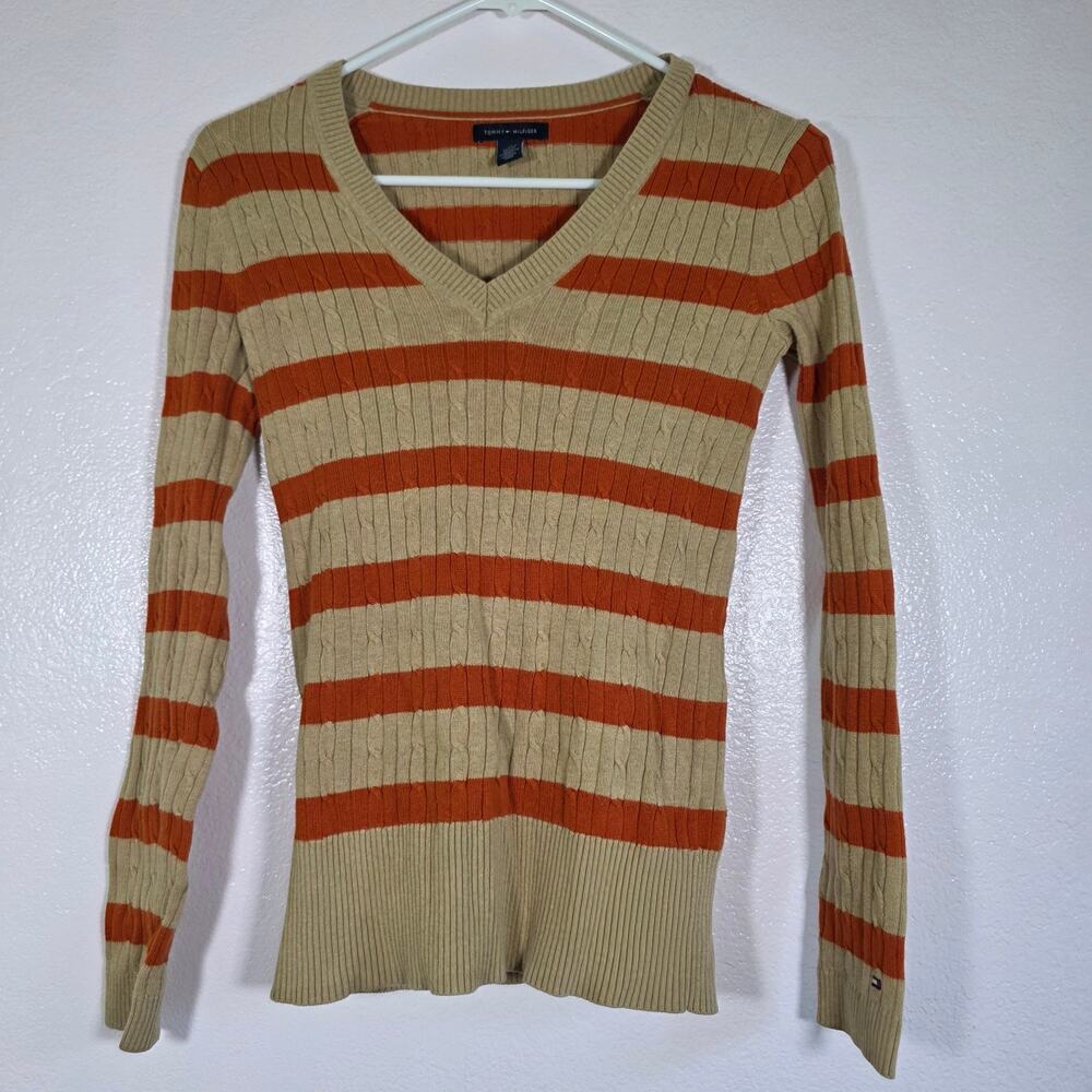 Tommy Hilfiger Rib Knit Striped V-Neck Sweater Beige Orange Womens XS